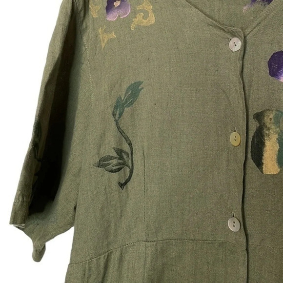 Vintage Play Alegre Hand Painted Green 100% Linen Dress Large (L) - Picture 6 of 7